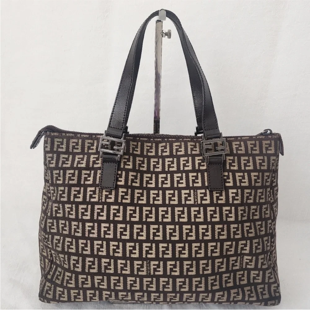 Vintage Fendi Zucchino FF Monogram Canvas Tote Bag Brown Leather Trim Italy - Picture 1 of 10
